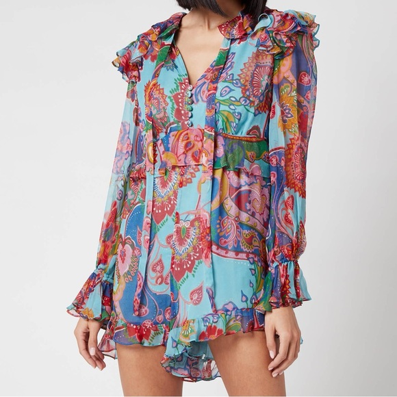 ZIMMERMAN LIKE NEW SILK BLUE FLORAL ROMPER PLAYSUIT SIZE 2 MEDIUM - Picture 1 of 6